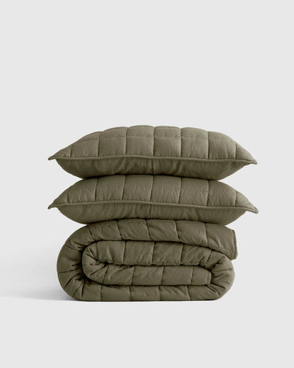 European Linen Box Quilt Set - Twin / Dusty Olive