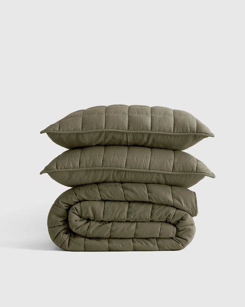 European Linen Box Quilt Set - Twin / Dusty Olive