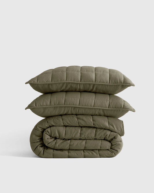 European Linen Box Quilt Set - Twin / Dusty Olive