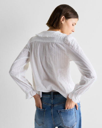 Embroidered Cotton Ruffle Collar Long Sleeve Blouse - XS / Ivory Rose Pink Petite Floral