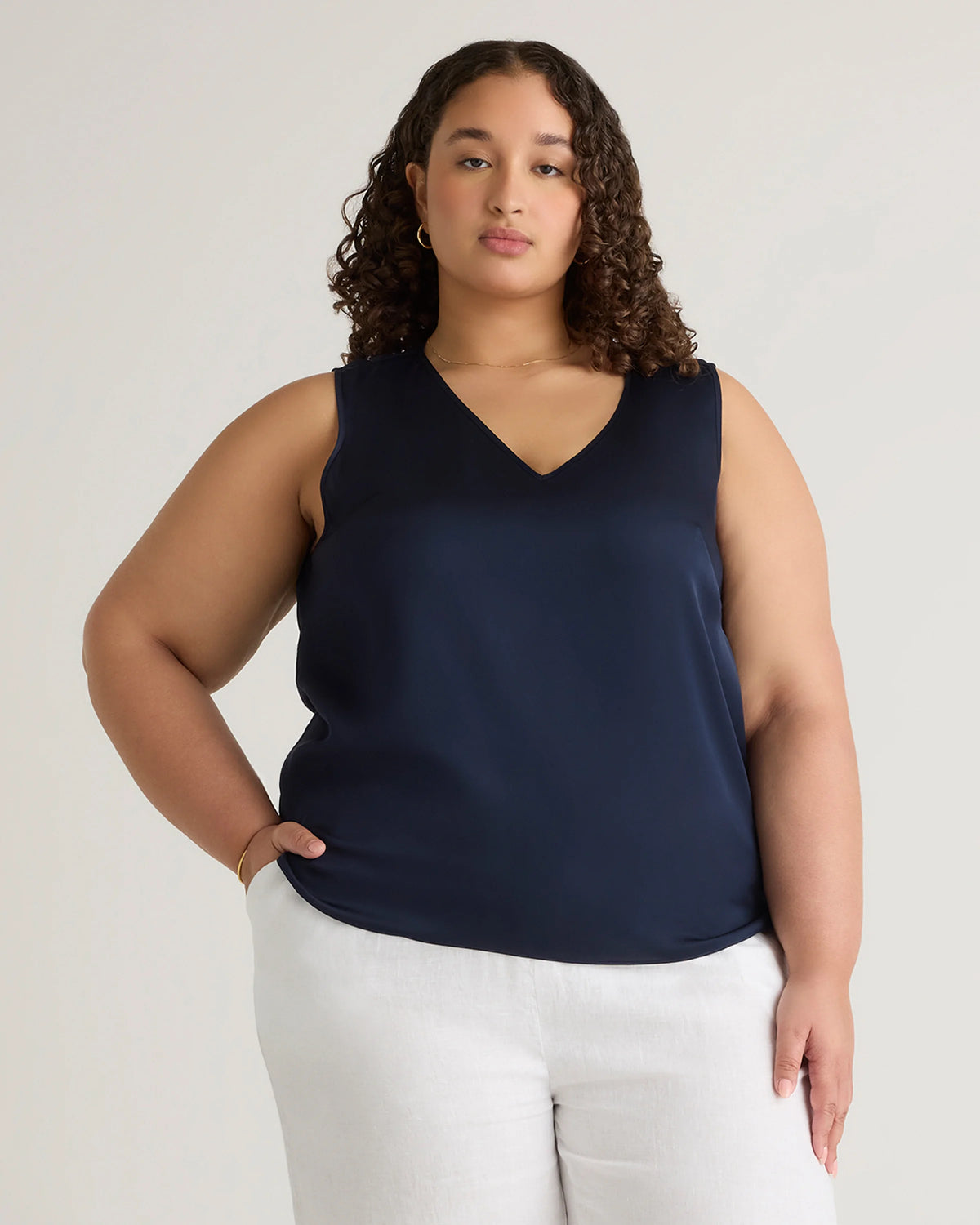 Washable Stretch Silk Tank - 1X / Navy