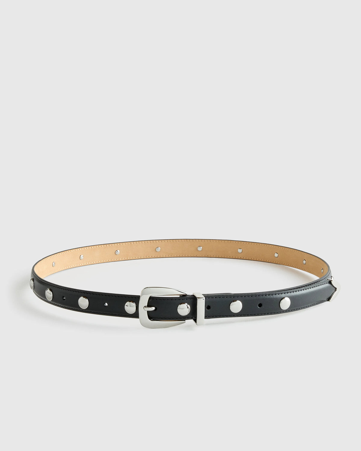 Alyssa European Leather Studded Skinny Belt - XS / Black/Silver