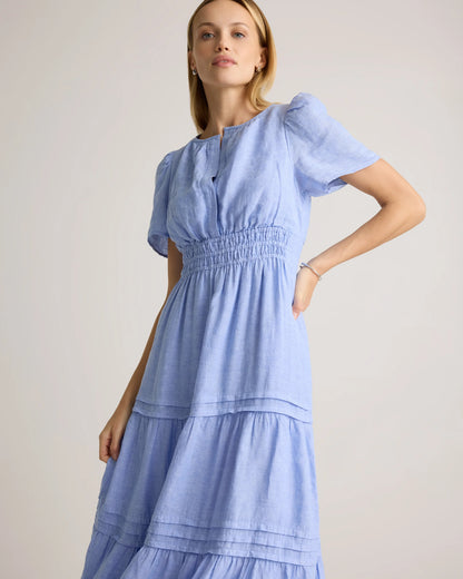 100% European Linen Tiered Maxi Dress - XS / Deep Navy