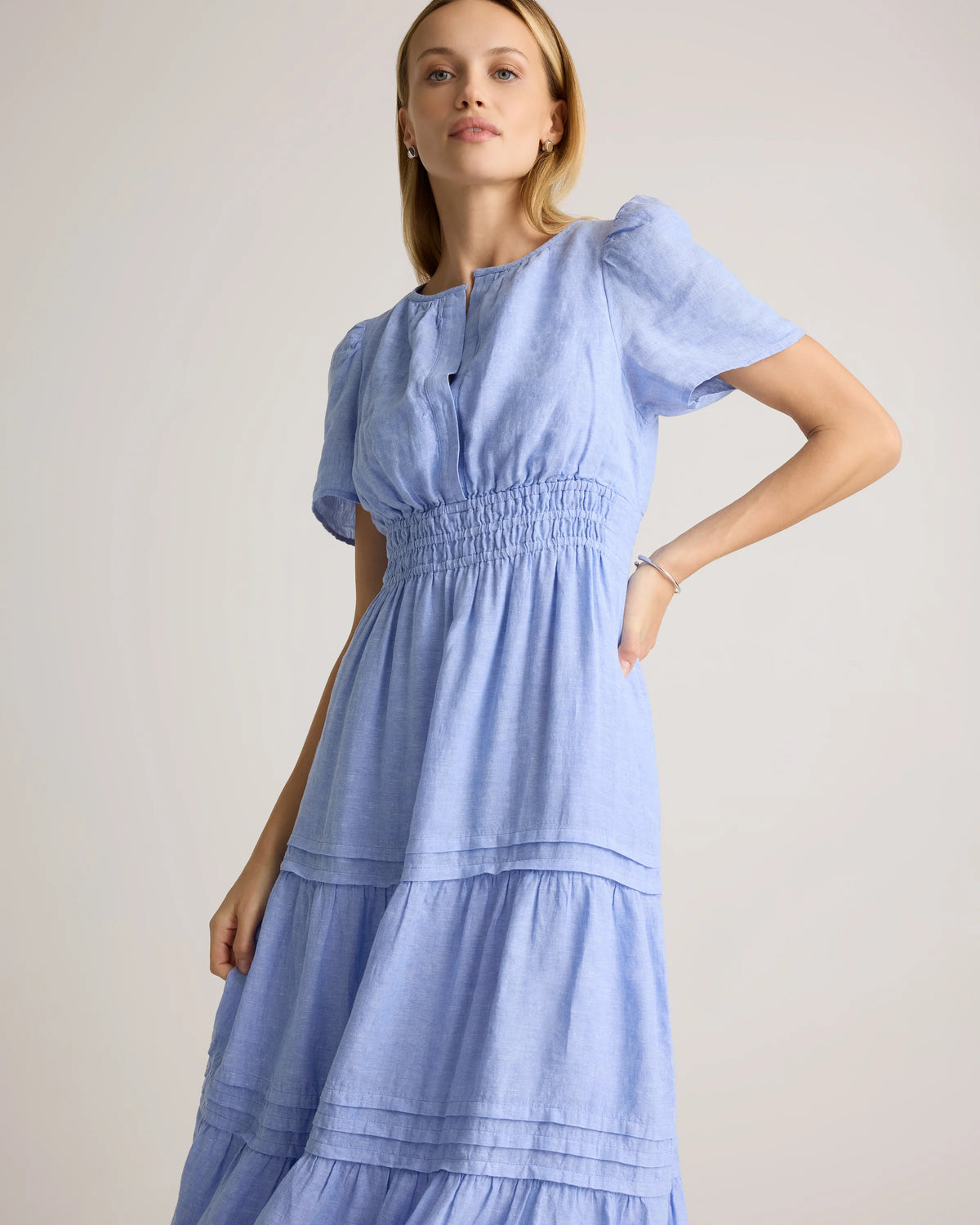 100% European Linen Tiered Maxi Dress - XS / Ivory Porcelain Blue Petite Floral