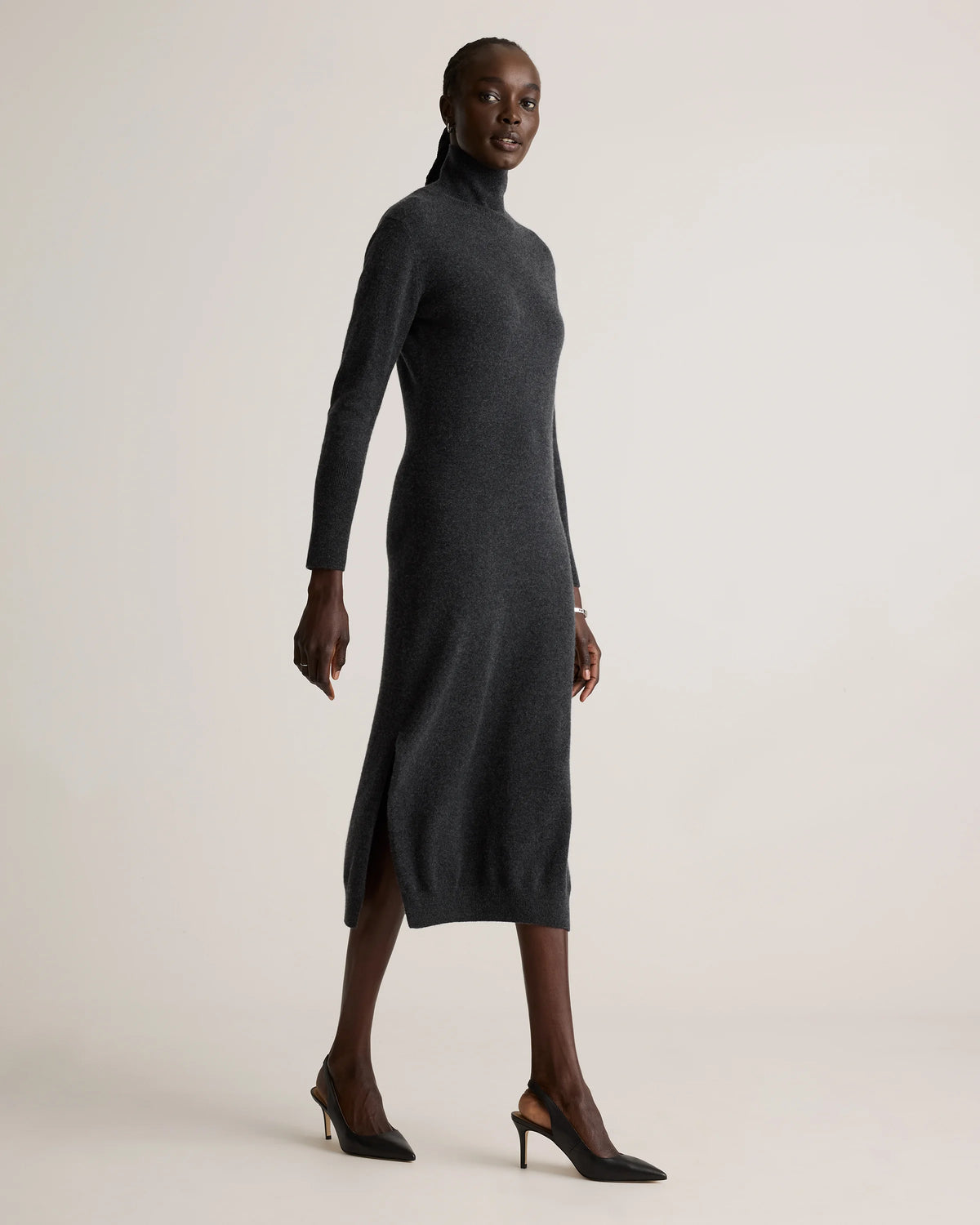 Mongolian Cashmere Turtleneck Midi Sweater Dress - XS / Charcoal