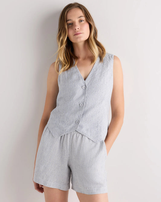 100% European Linen Vest - XS / Blue Pinstripe