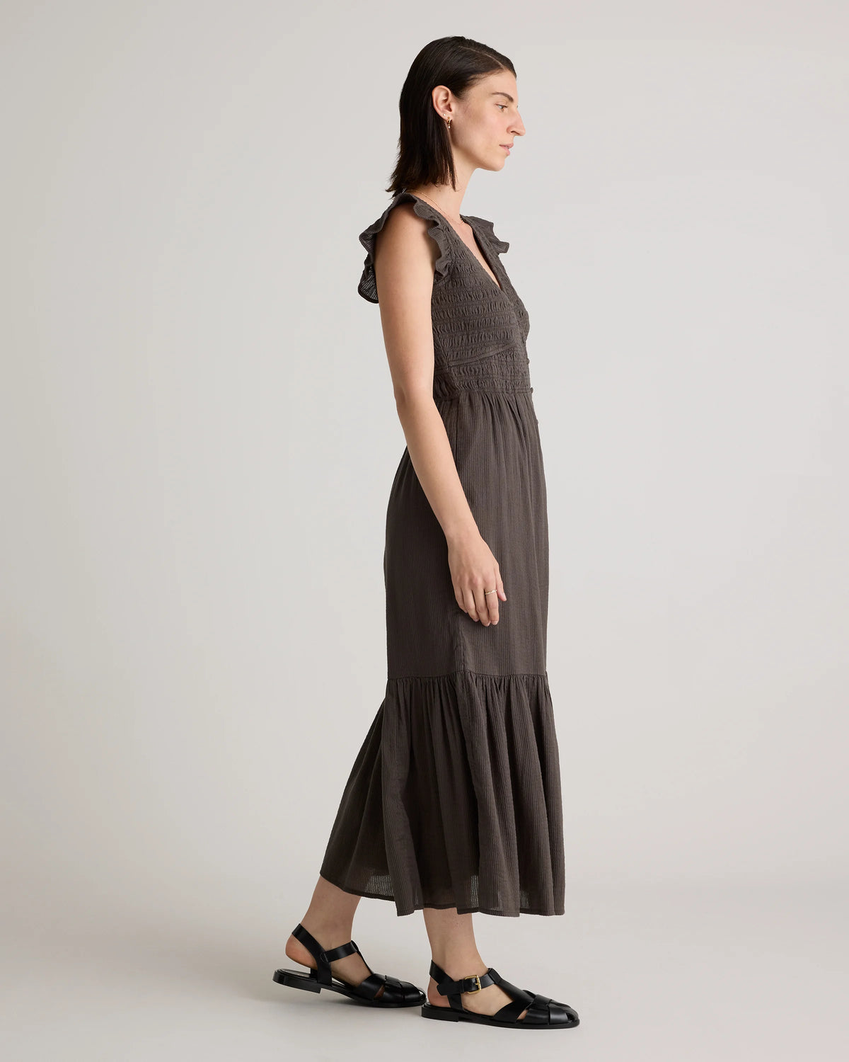 Organic Textured Cotton Smocked V-Neck Midi Dress - XS / Pale Custard Yellow