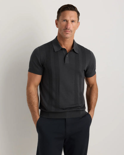 Cotton-Silk Ribbed Short Sleeve Sweater Polo - S / Speckled Beige