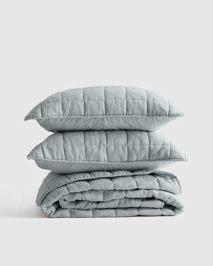 European Linen Box Quilt Set - Twin / Dusty Olive
