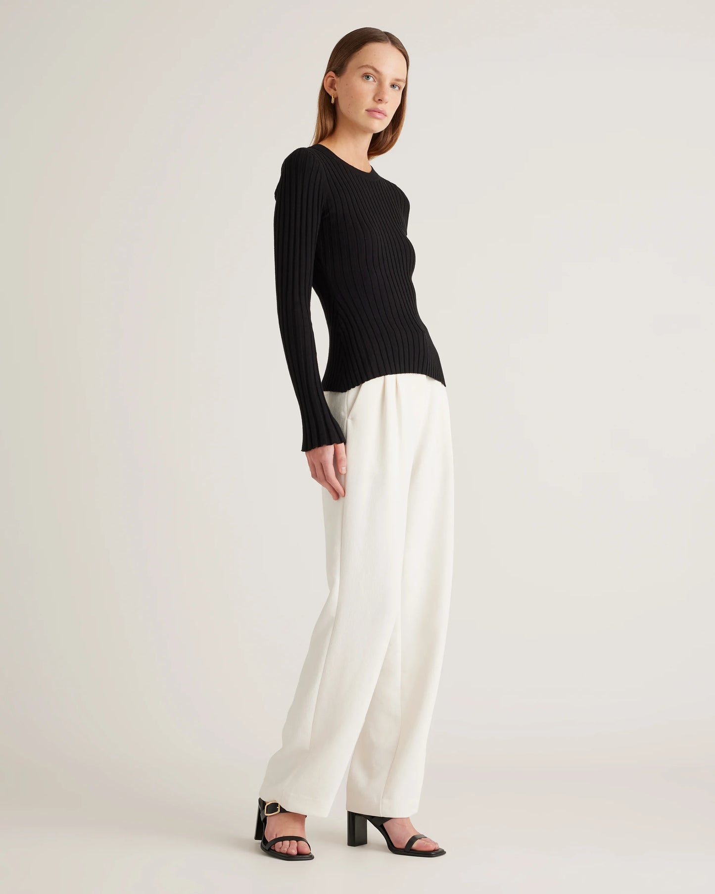 Cotton Cashmere Ribbed Long Sleeve Sweater - XS / Sugar Stone
