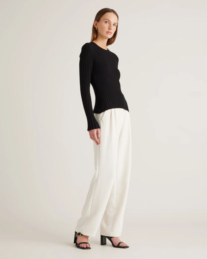 Cotton Cashmere Ribbed Long Sleeve Sweater - XS / Sugar Stone