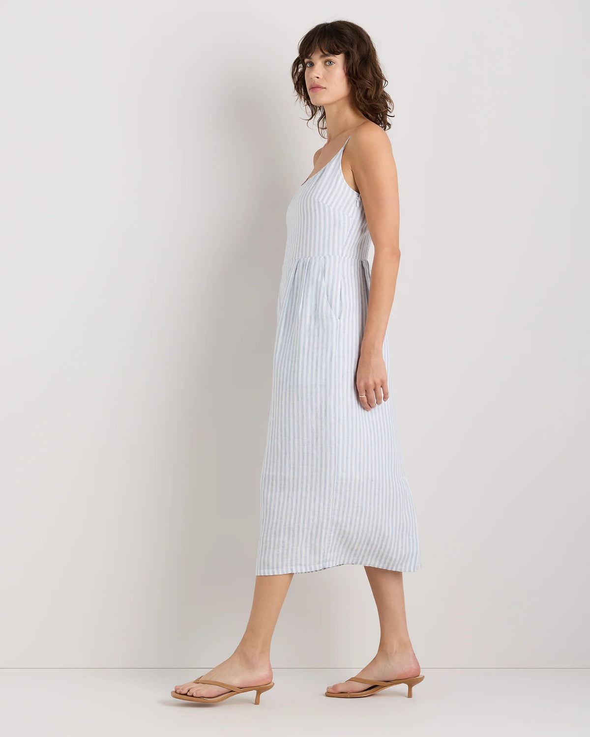 100% European Linen Scoop Neck Midi Dress - XS / Ivory Porcelain Blue Petite Floral