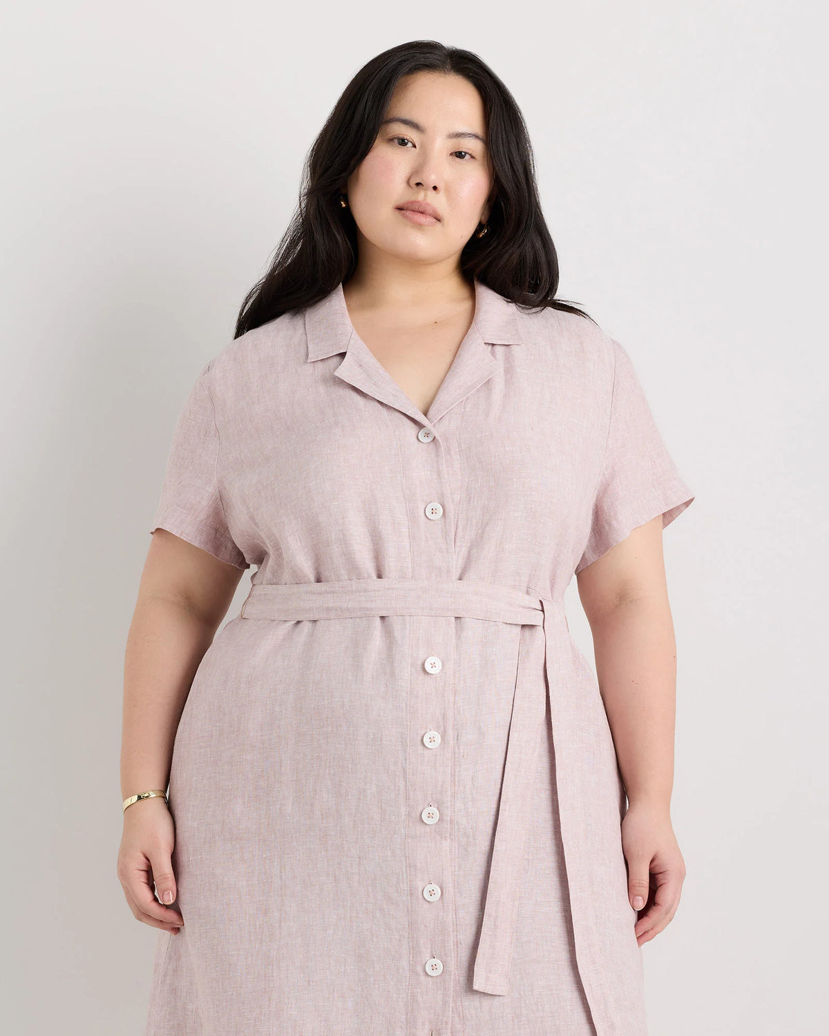 100% European Linen Button Front Dress - 1X / Blue Pinstripe