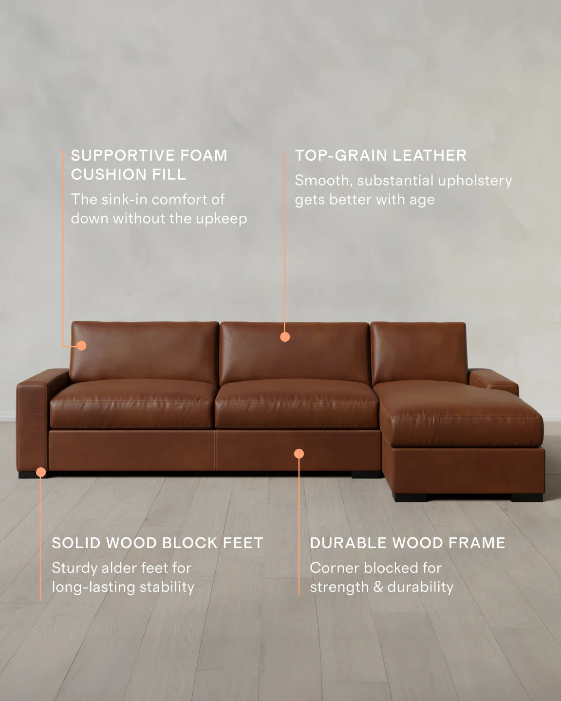 Stillman Chaise Sectional in Leather - 116" Right Arm / Auburn