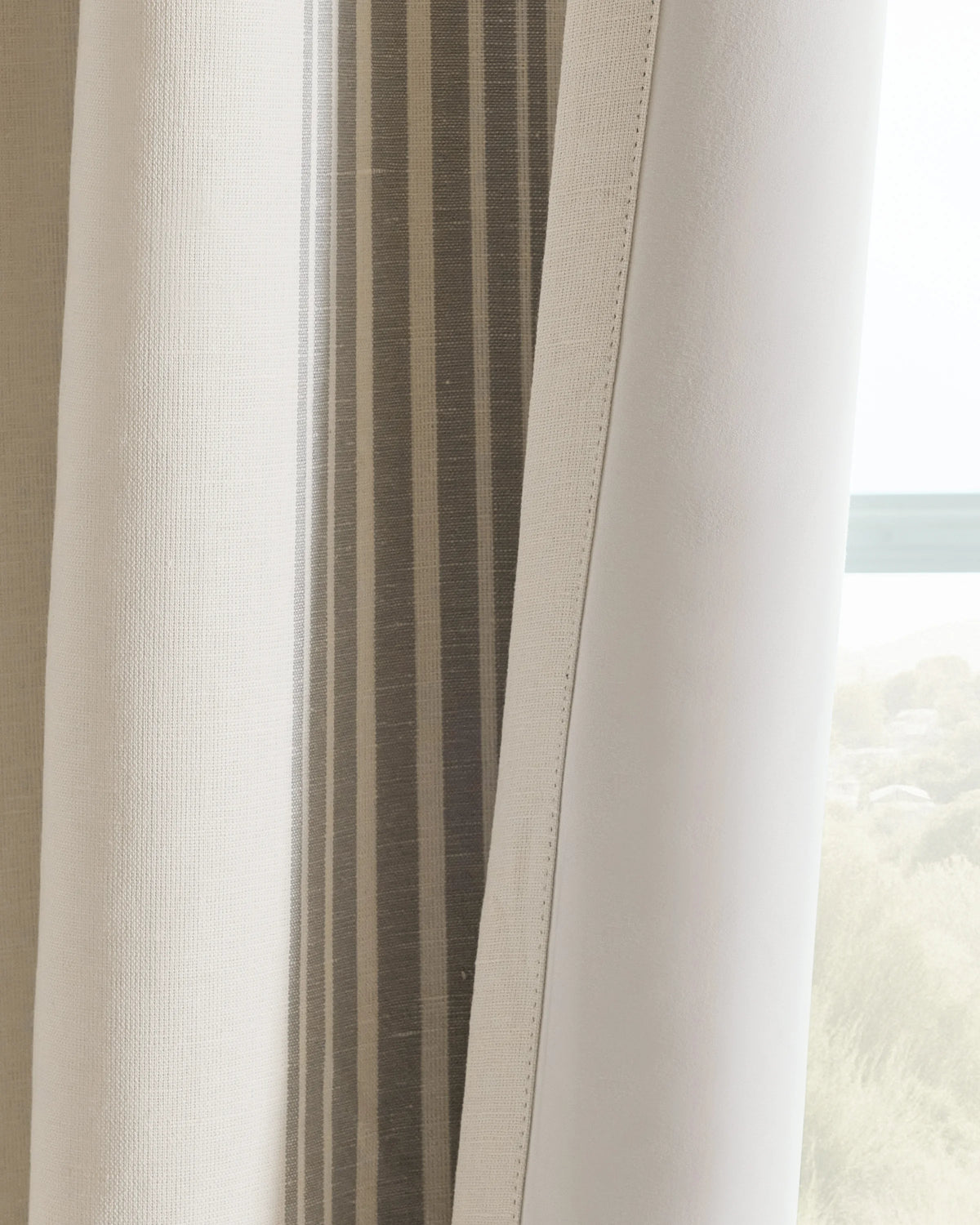 Coastal Stripe Linen Cotton True Blackout Curtain - Single Panel - 48x84 / Ivory/Fog