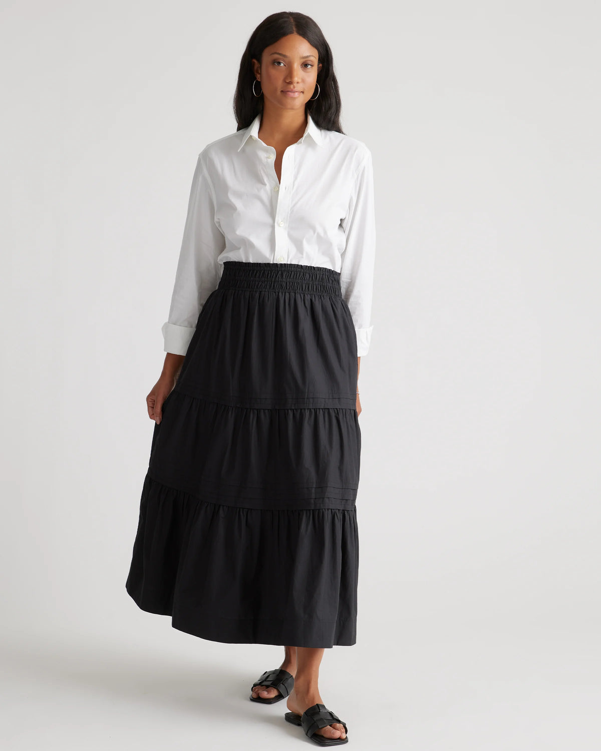100% Organic Cotton Poplin Tiered Maxi Skirt - XS / Black