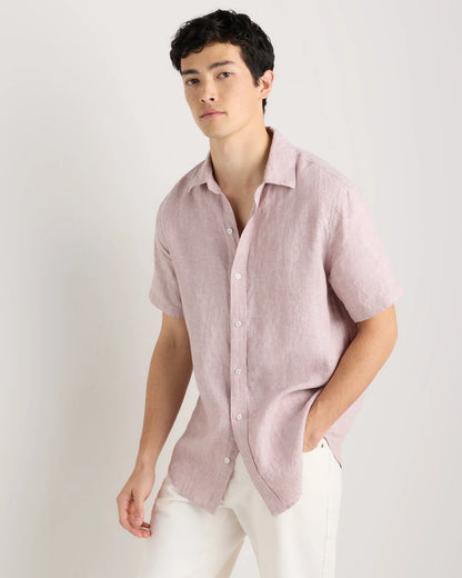 100% European Linen Relaxed Short Sleeve Shirt - XS / Taupe Brown Chambray
