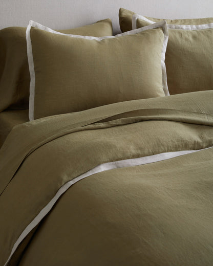 European Linen Contrast Flange Sham Set - Standard / Aloe/Sand