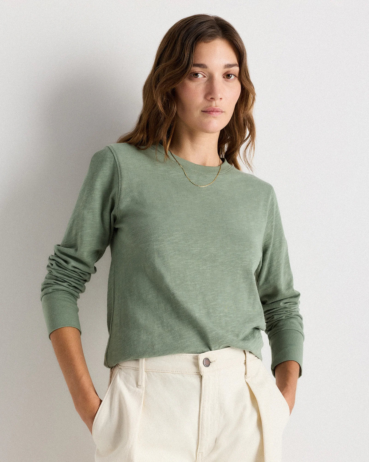 100% Organic Cotton Slub Long Sleeve Tee - XS / Smoked Thyme Green