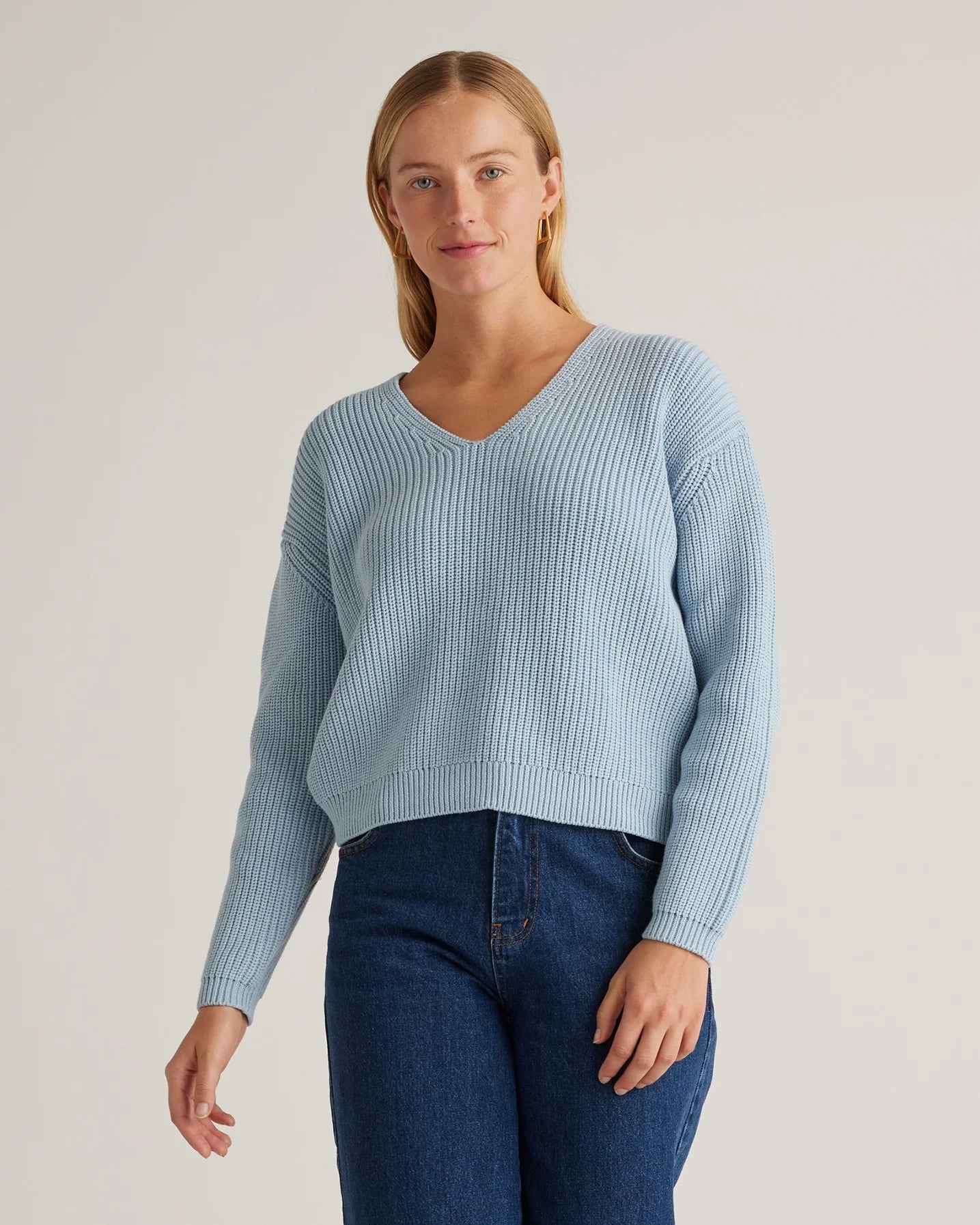 100% Organic Cotton Fisherman V-Neck Sweater - XS / Heather Brown
