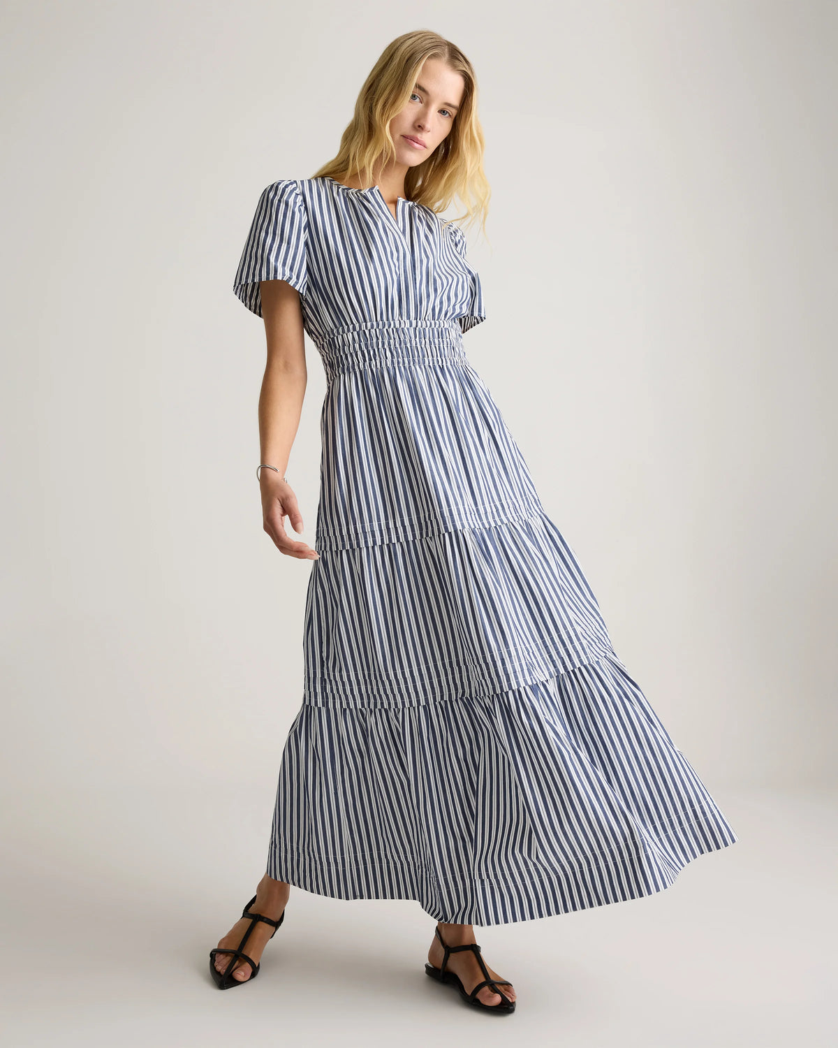 100% Organic Cotton Poplin Tiered Maxi Dress - XS / Riviera Blue Heirloom Floral