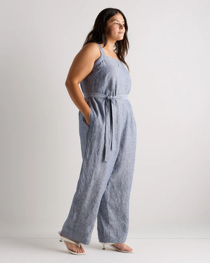 100% European Linen Square Neck Jumpsuit - 1X / Deep Navy