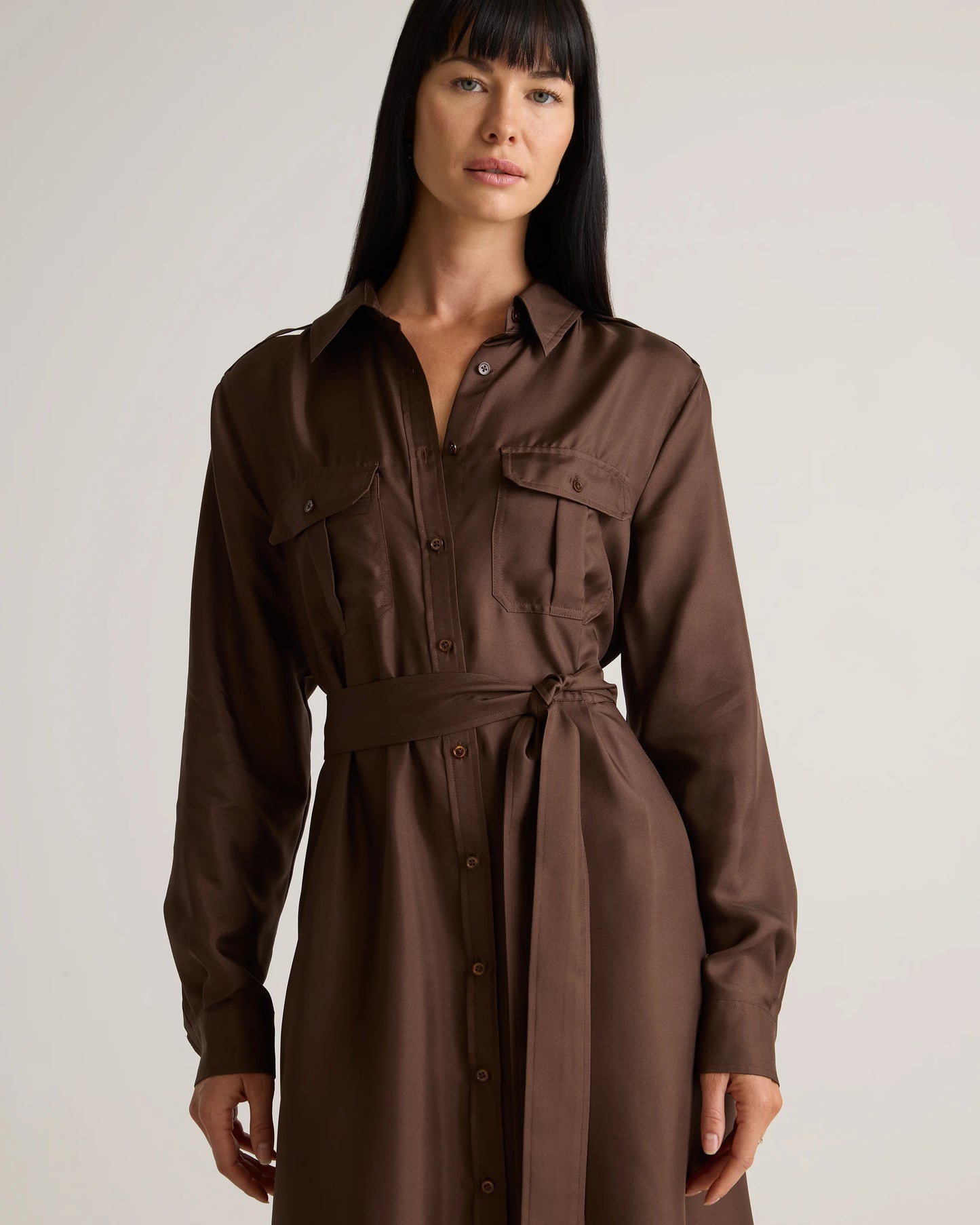 100% Silk Twill Utility Shirt Dress - XS / Hot Fudge