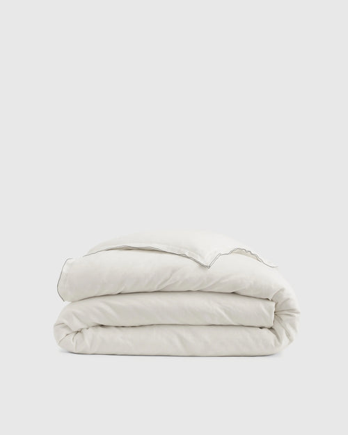 European Linen Double Embroidered Edge Duvet Cover - Twin / White with Black Embroidery