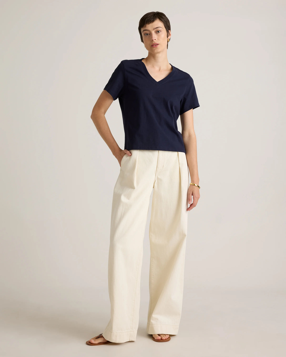 100% Organic Cotton Boxy V-Neck Tee - XS / Dusty Beige
