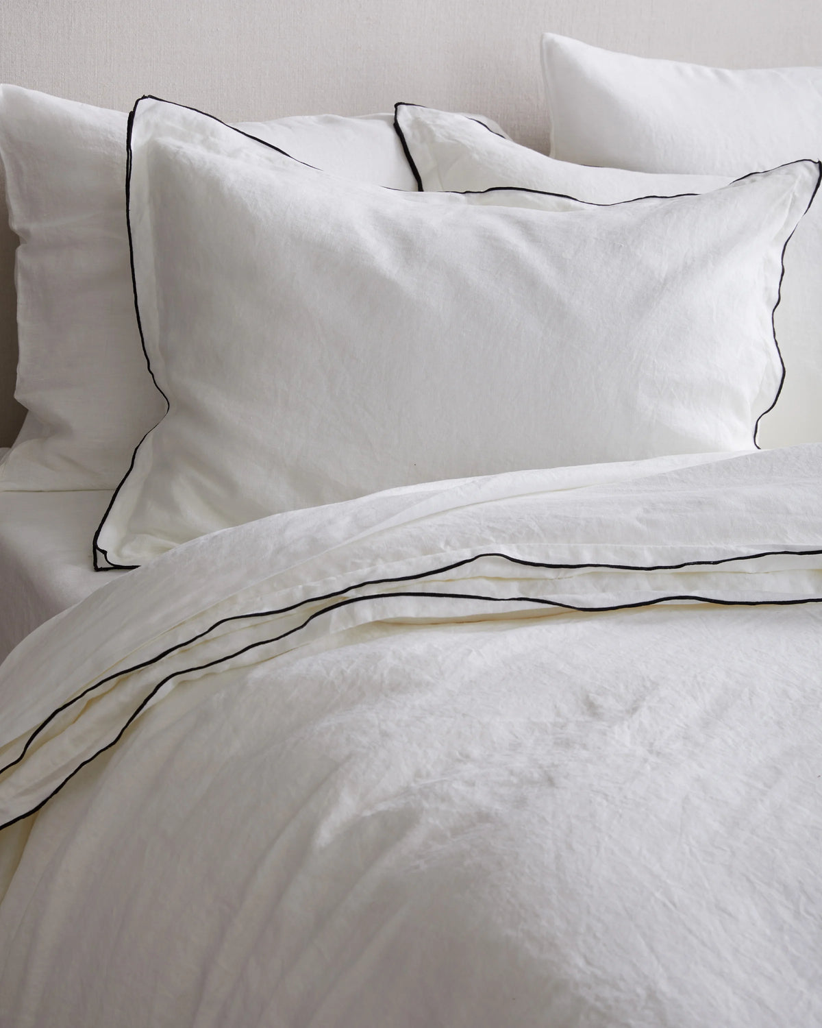 European Linen Double Embroidered Edge Duvet Cover Set - Twin / Sand with Terracotta Embroidery