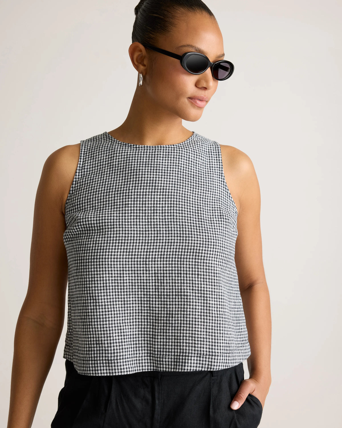 100% European Linen Cropped Tank - XS / Taupe Brown Gingham