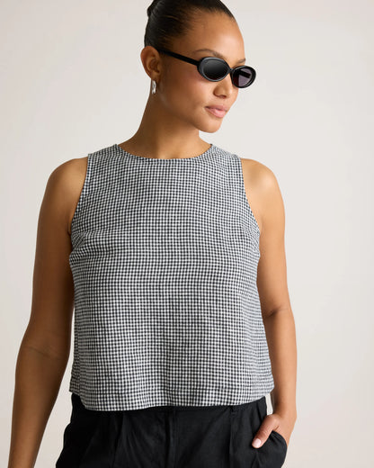 100% European Linen Cropped Tank - XS / Taupe Brown Gingham