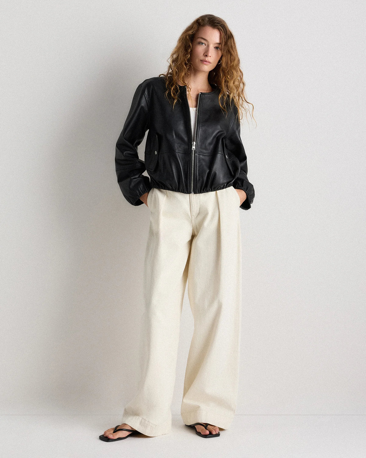 100% Leather Collarless Cropped Bubble Hem Jacket - XS / True Black