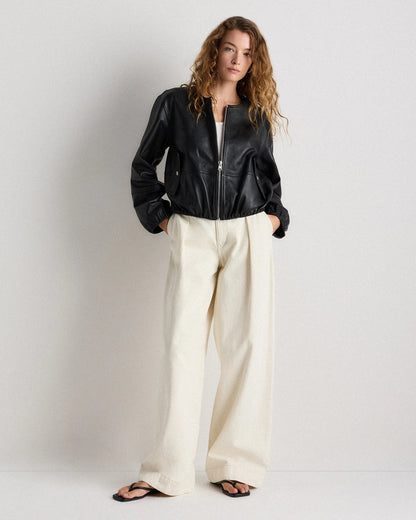 100% Leather Collarless Cropped Bubble Hem Jacket - XS / True Black