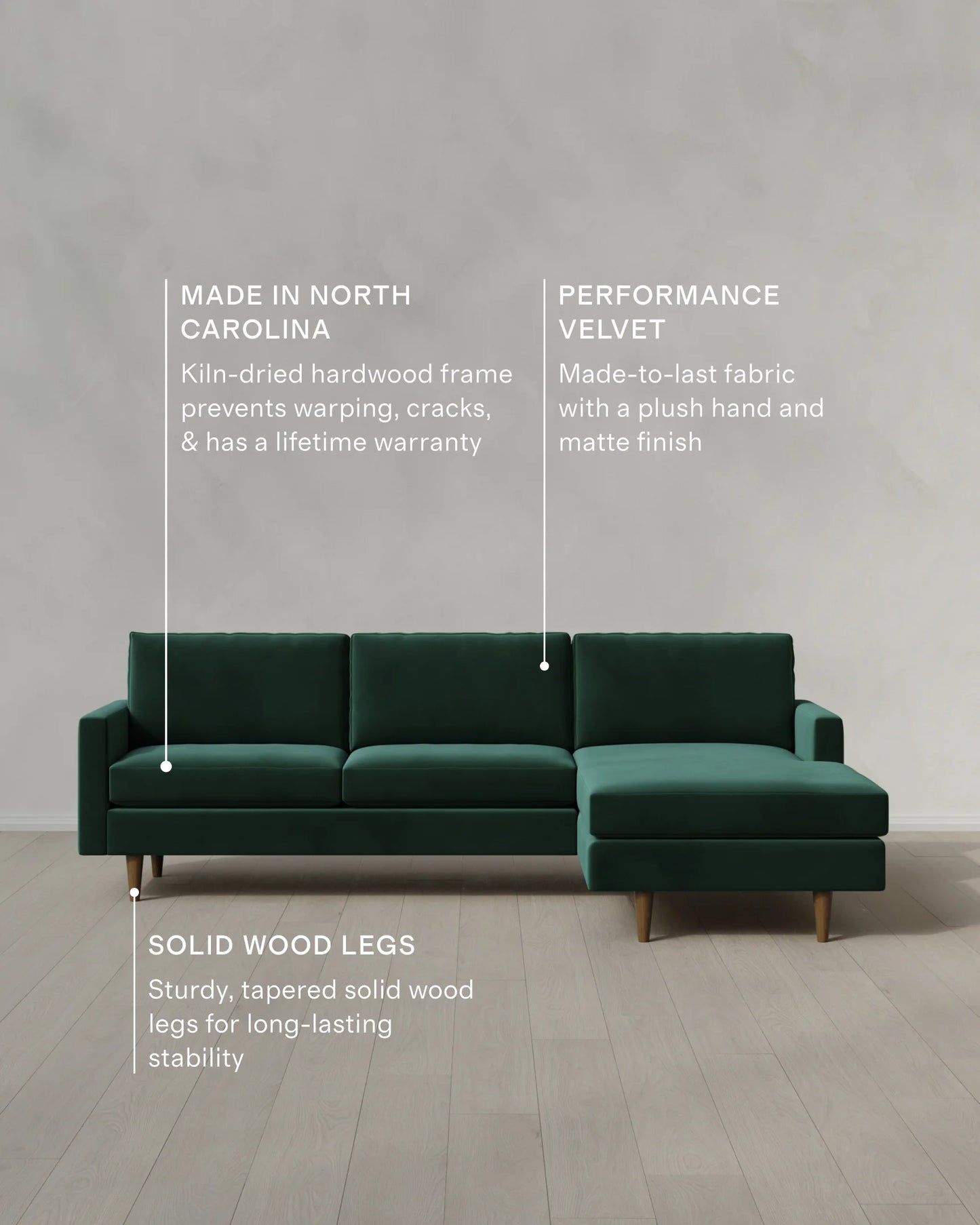 Atlas Midcentury Chaise Sectional in Performance Velvet - 106" Right Arm / Pine