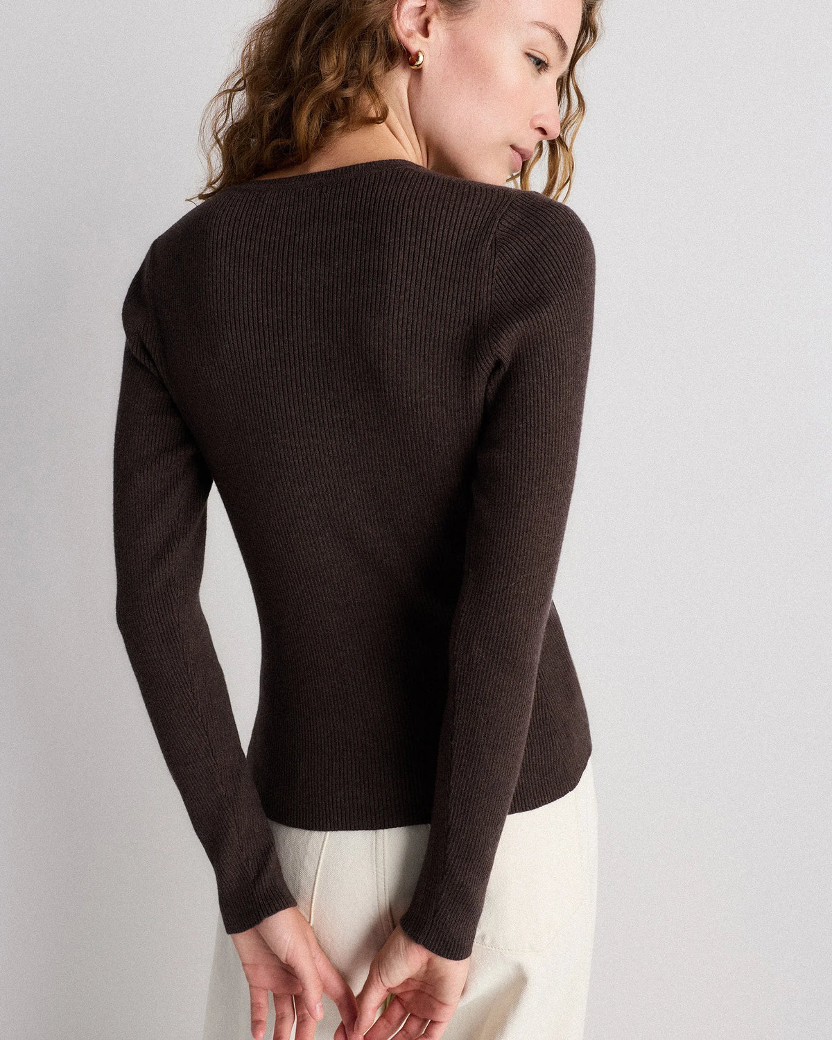 Cotton Cashmere Fitted Ribbed Cardigan - XS / Mocha Heather