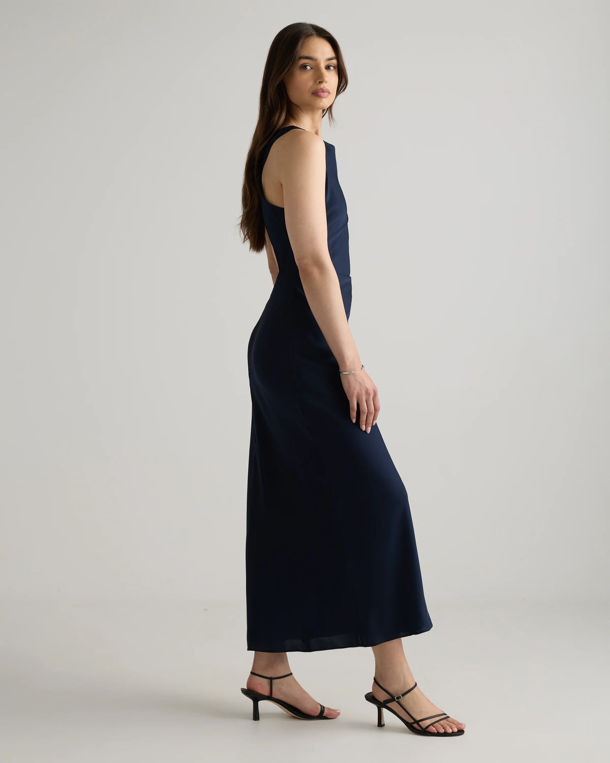 Washable Stretch Silk High Neck Midi Dress - XS / Vintage Navy Roses