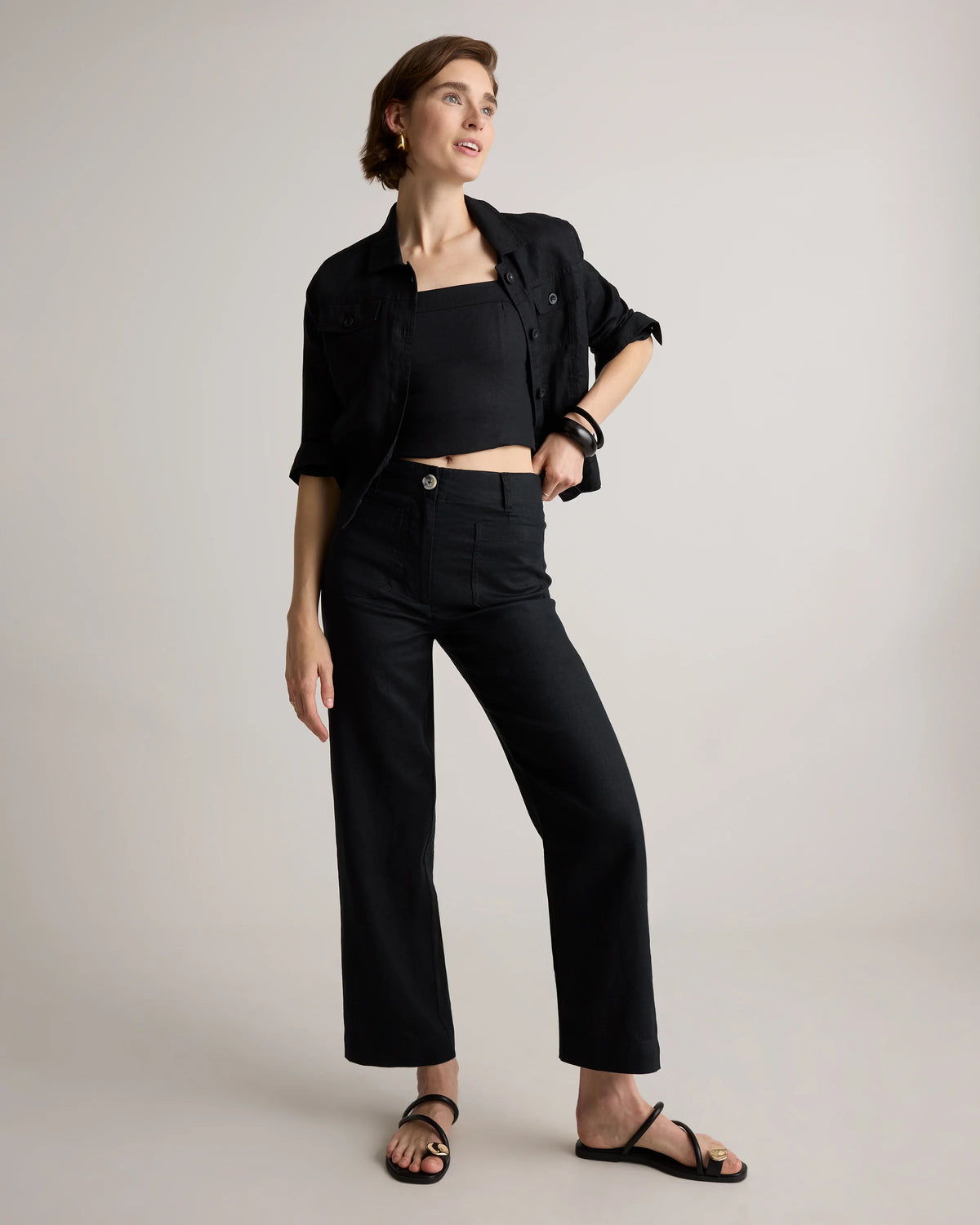 100% European Linen Patch Pocket Wide Leg Pants - 0 / Taupe Brown Chambray
