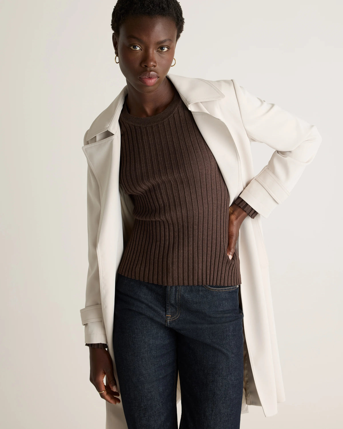 Cotton Cashmere Ribbed Long Sleeve Sweater - XS / Sugar Stone