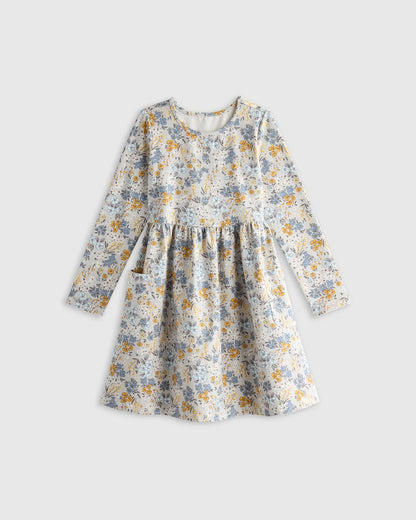 Organic Cotton Long Sleeve Fit and Flare Pocket Dress - 2T / Purple Poppy Garden