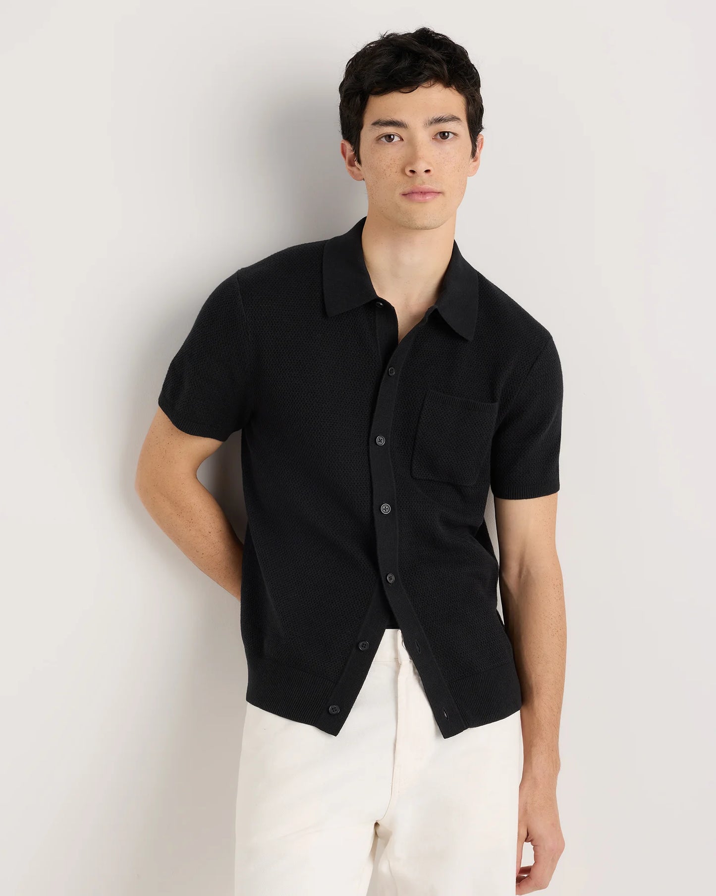 100% Organic Cotton Mesh-Stitch Button-Up Sweater Polo - XS / Speckled Beige