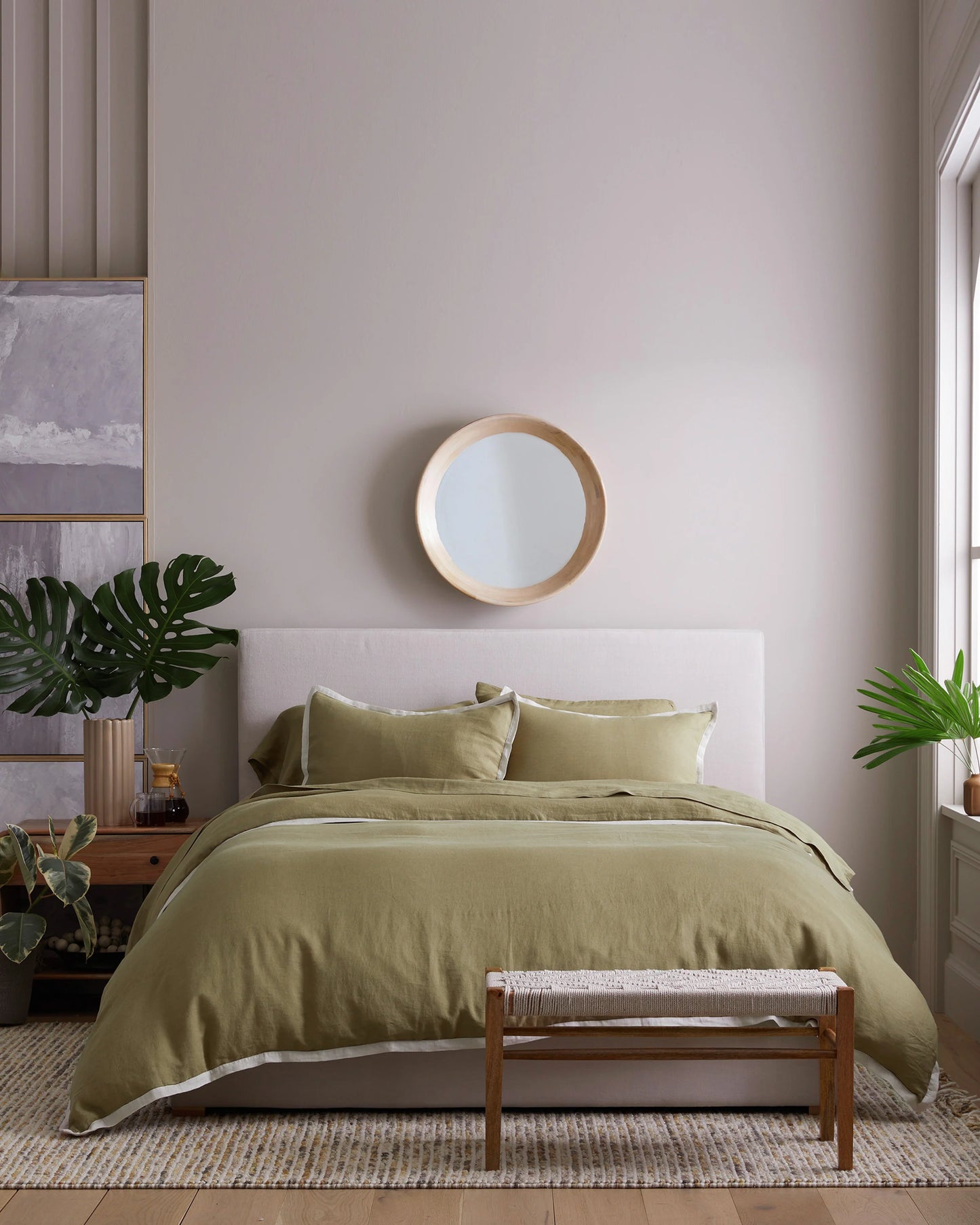 European Linen Contrast Flange Duvet Cover - Twin / Aloe/Sand