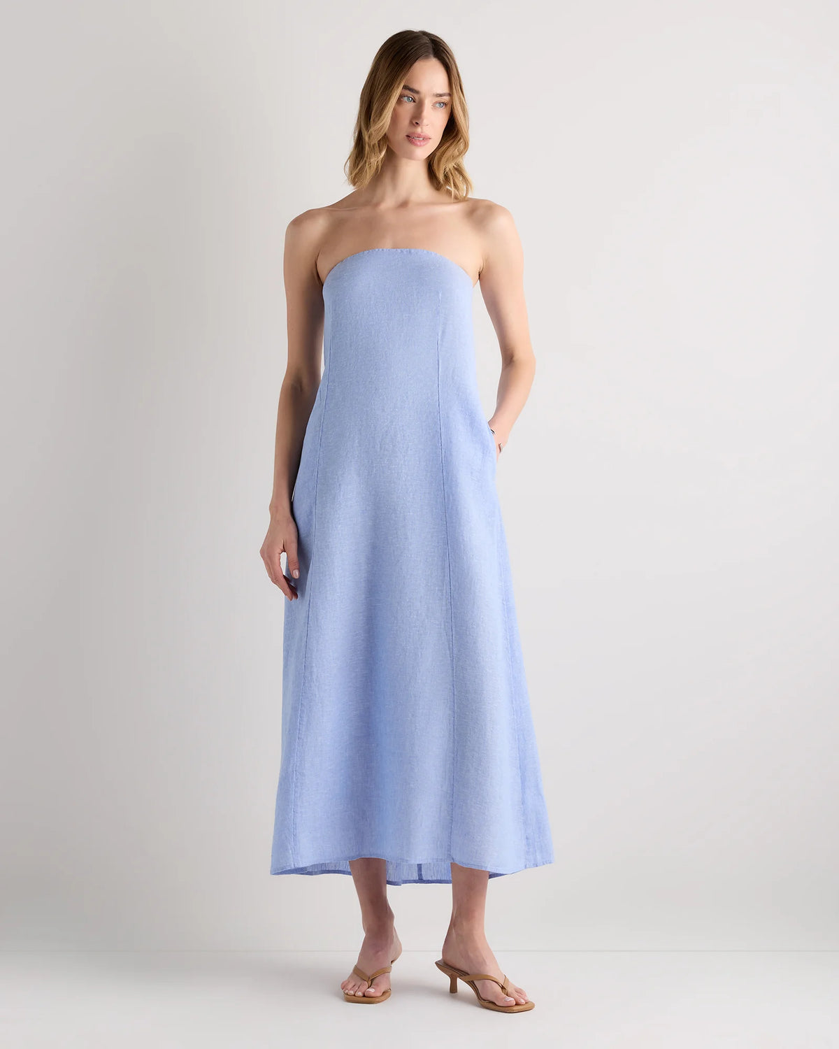 100% European Linen Strapless Maxi Dress - XS / Brick Red Heirloom Floral