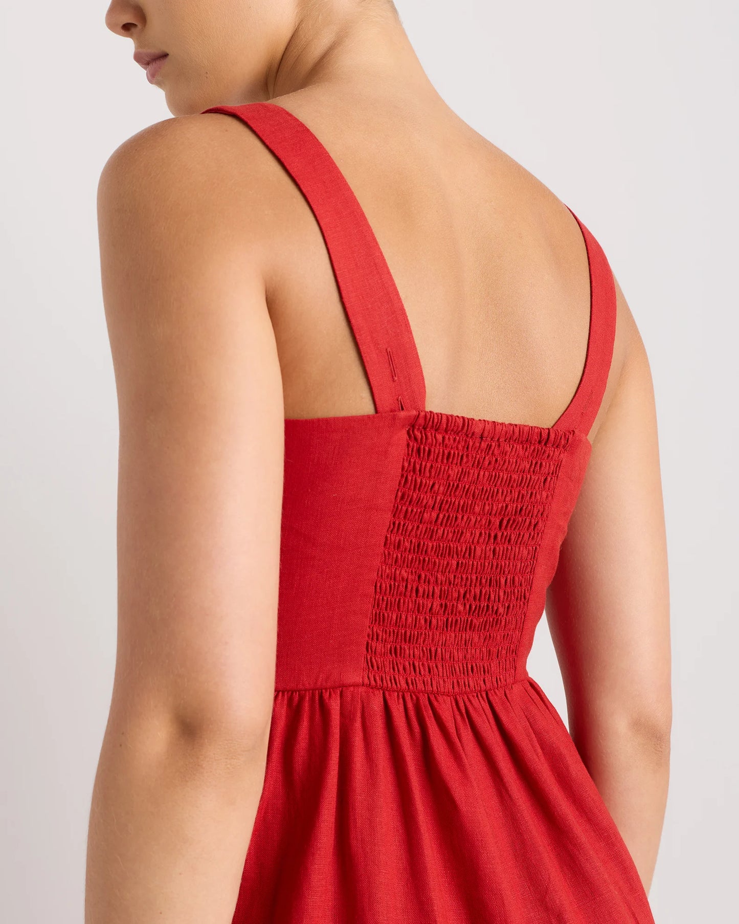 100% European Linen Fit & Flare Midi Dress - XS / Brick Red Heirloom Floral