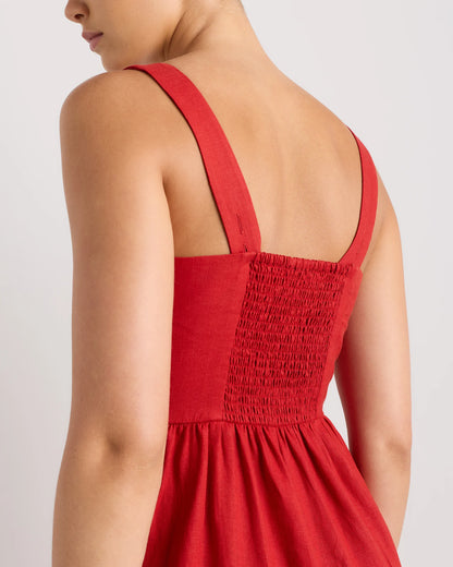 100% European Linen Fit & Flare Midi Dress - XS / Brick Red Heirloom Floral