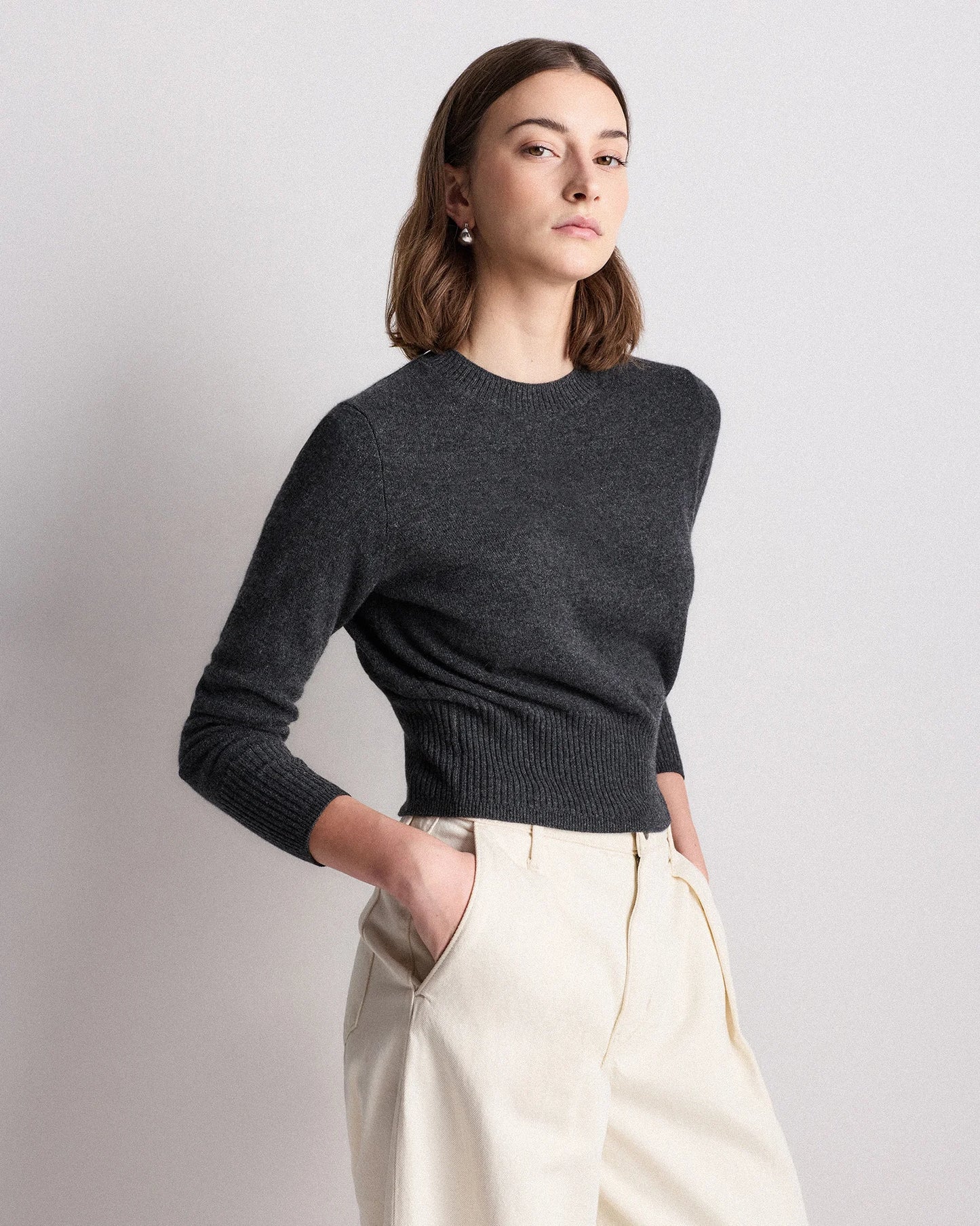 Mongolian Cashmere Shrunken Crewneck Sweater - XS / Ivory