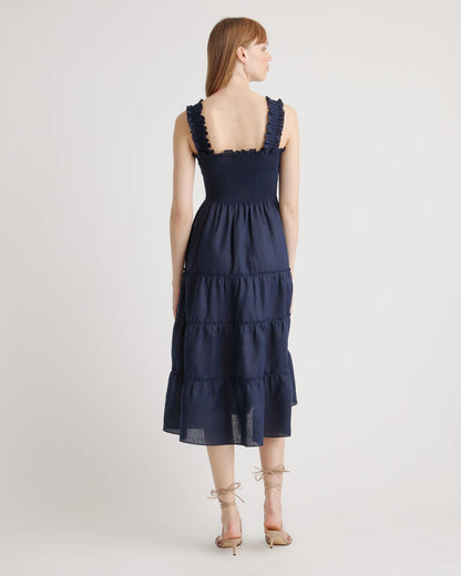 100% European Linen Smocked Midi Dress - XS / Ivory Porcelain Blue Petite Floral