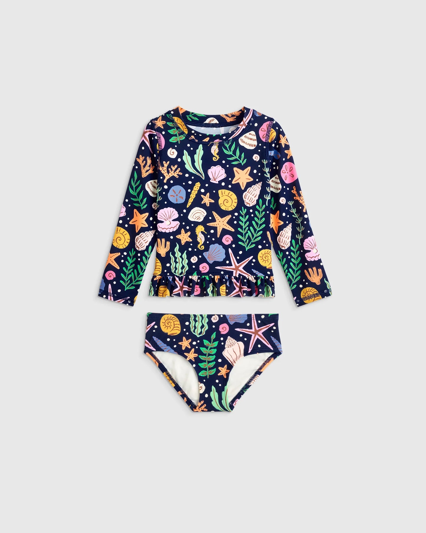 Long Sleeve Ruffle Rash Guard Two-Piece Swimsuit - 2T / Poolside Floral