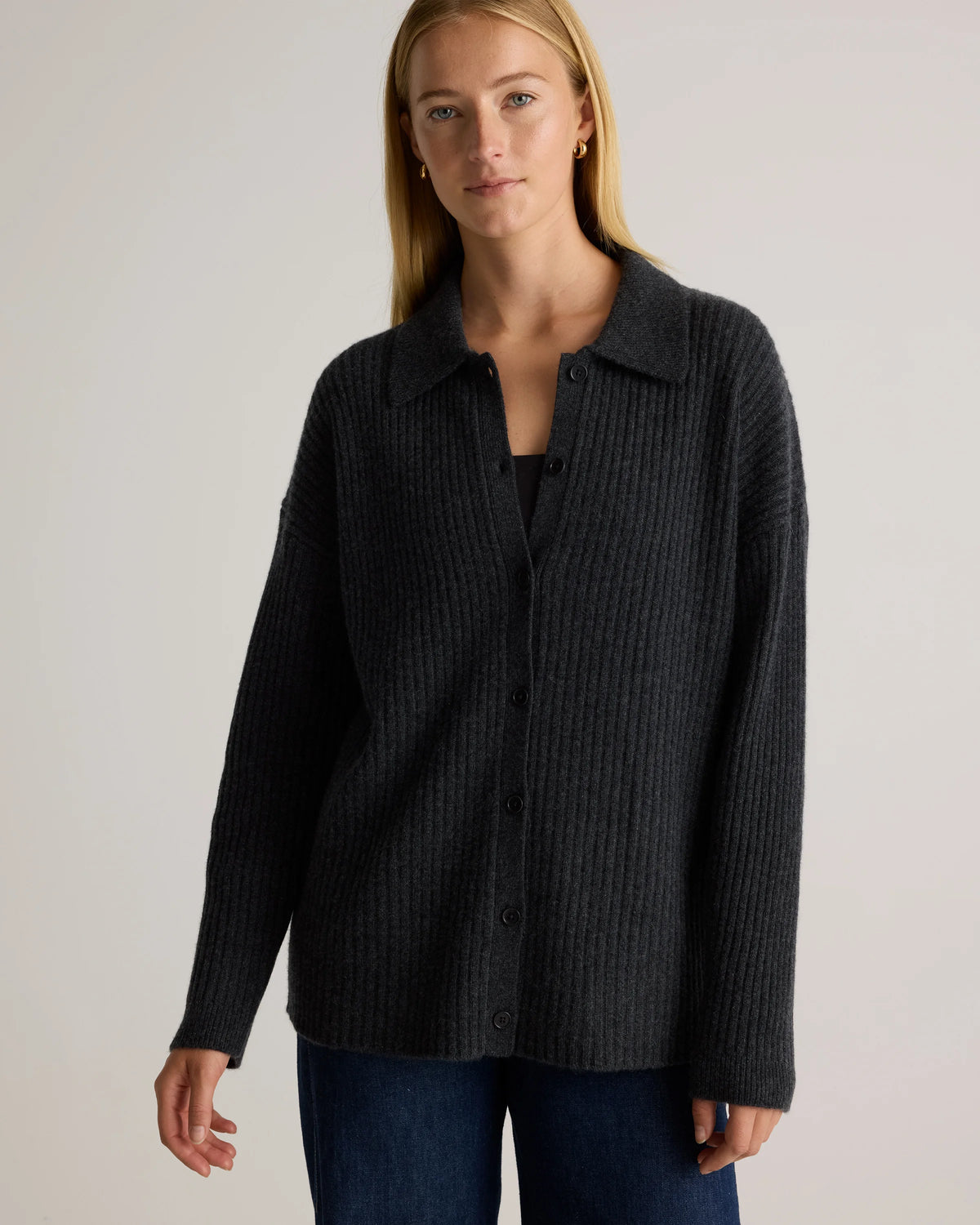 Mongolian Cashmere Wide-Rib Oversized Collared Cardigan - XS / Oatmeal