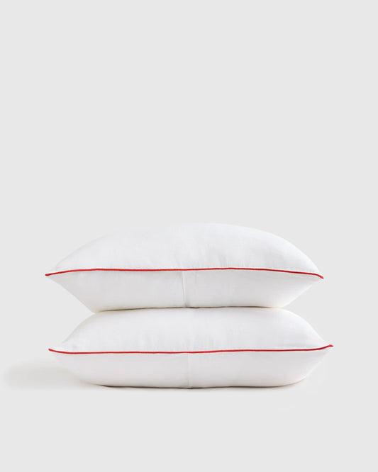 European Linen Piped Sham Set - Standard / White/Cherry